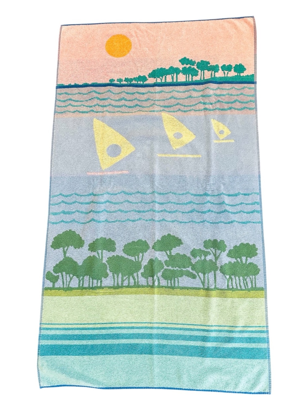Vintage 90s Beach Towel Sailboats Coastline 55" Atlantis by Brastex Pastel Multi